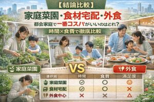 【結論比較】家庭菜園・食材宅配・外食｜都会家庭で一番コスパがいいのはどれ？時間×食費で徹底比較